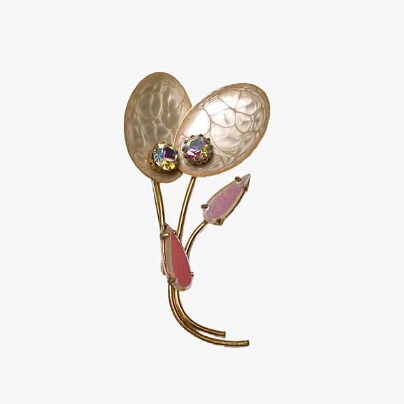 Vintage Floral Gold Tone MCM Brooch Pin Made In West Germany Aurora Borealis - Picture 1 of 7